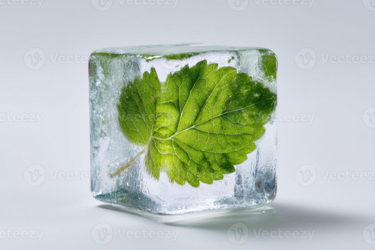 A green leaf is sitting in an ice cube photo