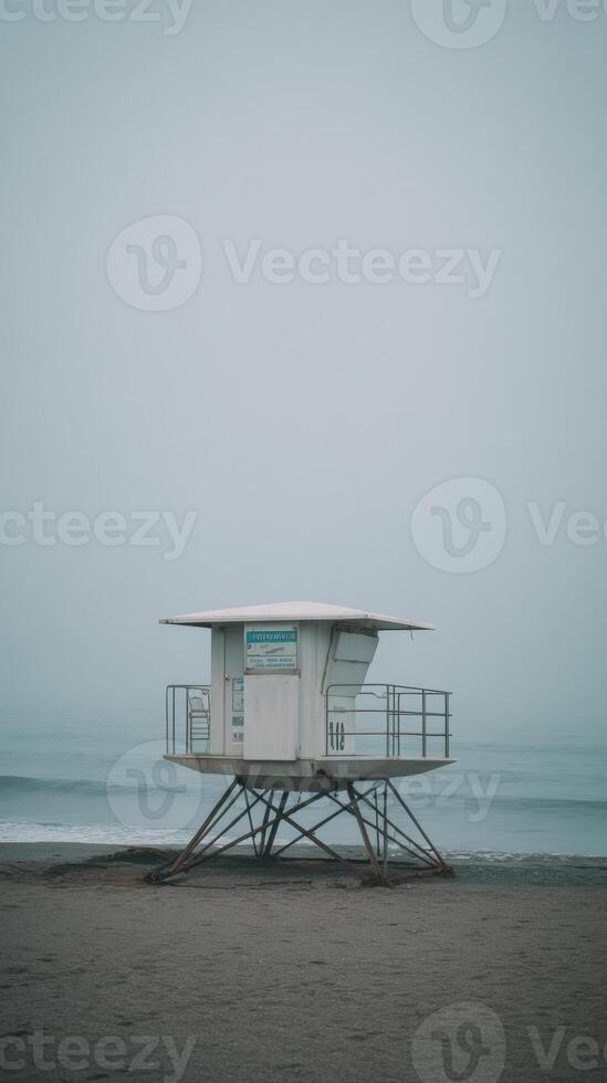 A lifeguard tower on the beach in the fog photo