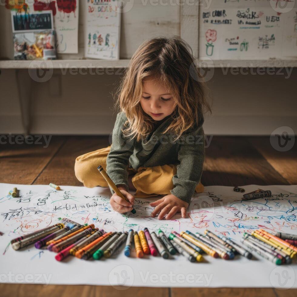 A little girl drawing on a large piece of paper with crayons photo