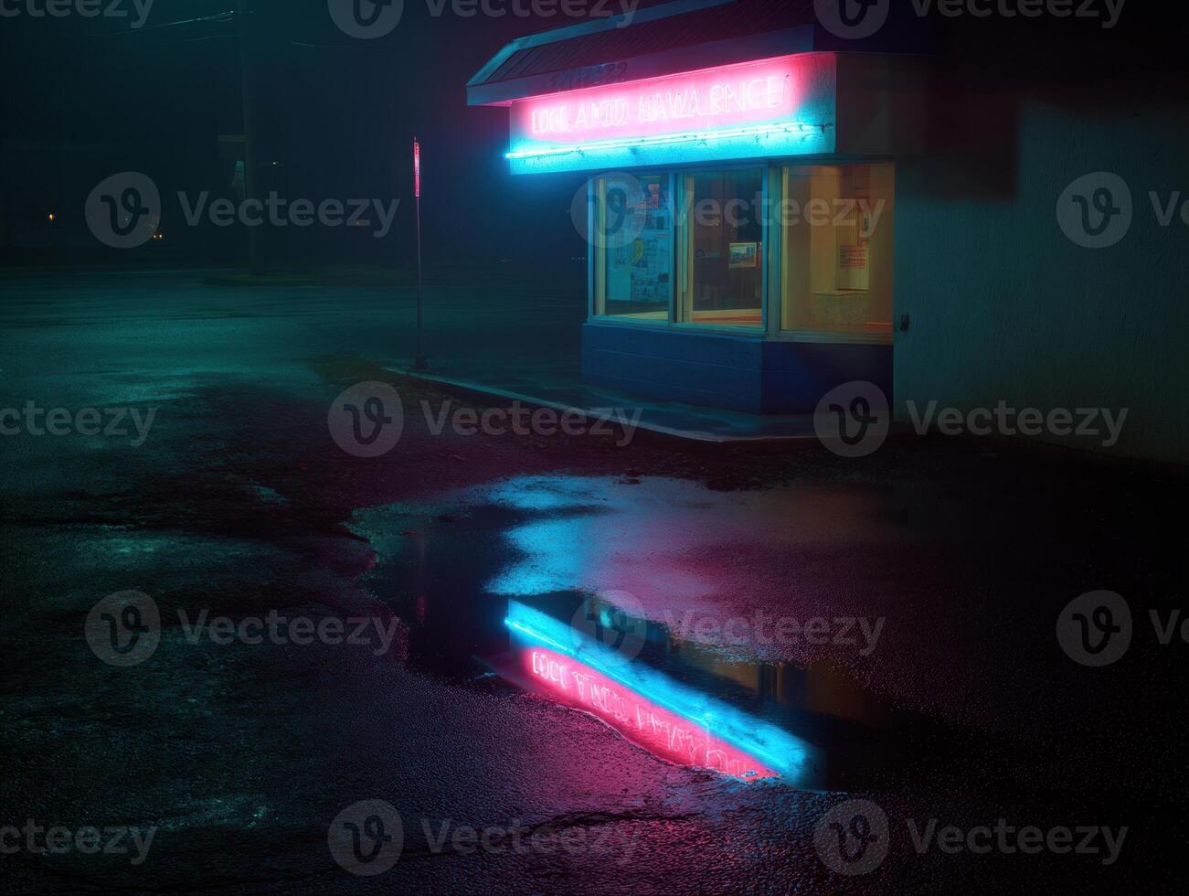 A neon sign is lit up in front of a store photo