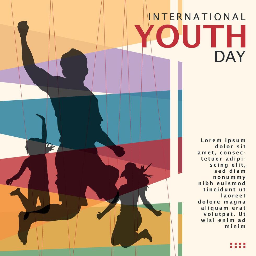 International Youth Day Poster. Silhouettes of excited young people. Copy space area vector