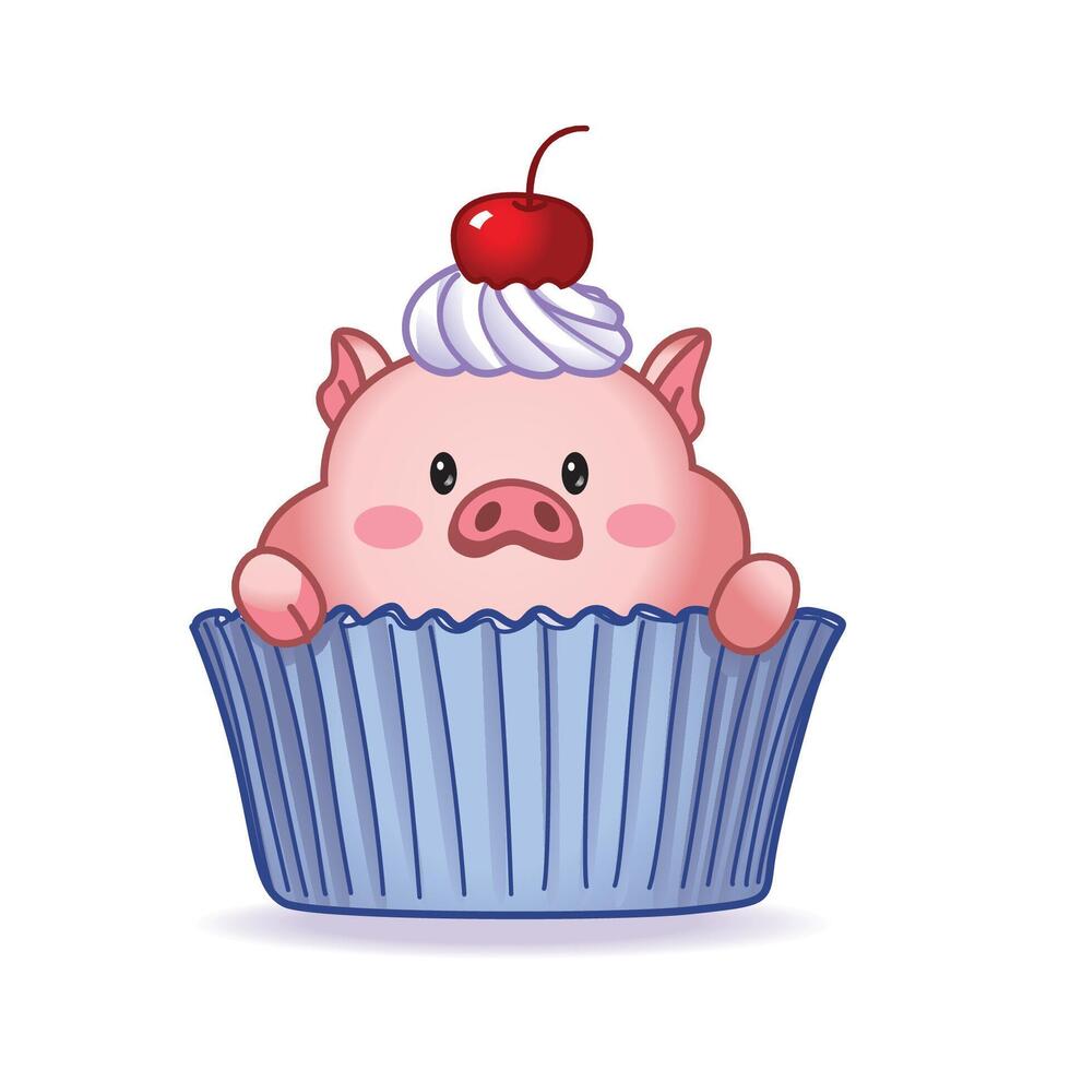 Cute illustration of a cupcake pig with a cherry on its head. Perfect for birthday invitations and posters. vector