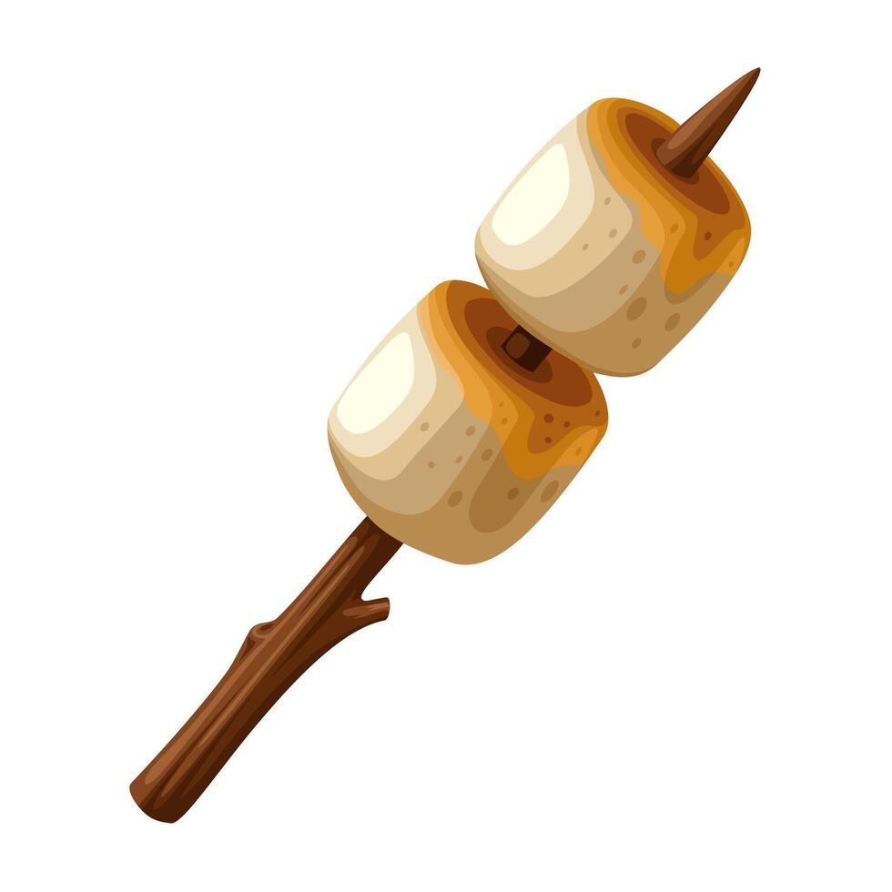 Illustration of roasted marshmallows skewered with twigs, isolated on white background. vector