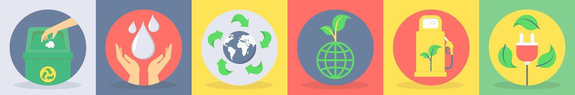 Six Ecology icons as recycle bin, trash bin, save water vector