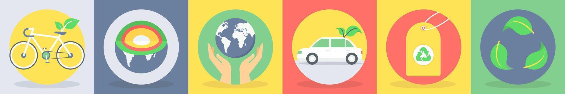Six Ecology icons as bicycle, earth core, save earth vector