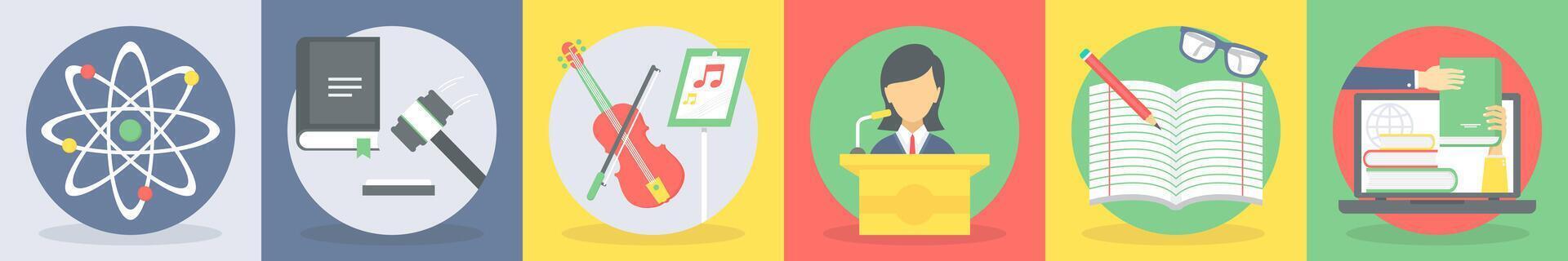 Six education icons as atom, law, music class vector