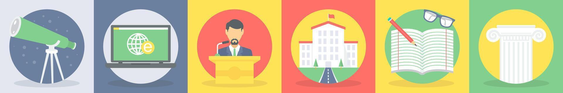 Six education icons as astronomy, telescope, speech vector