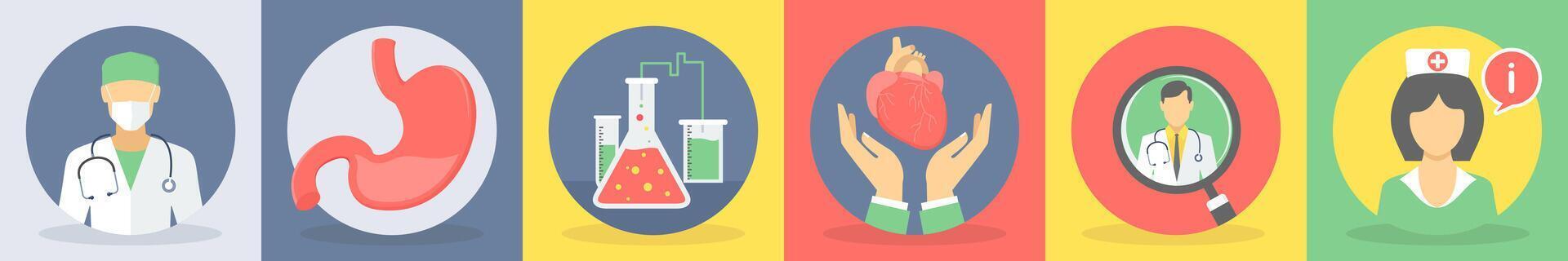 5 round medical icons as surgeon, stomach, laboratory vector