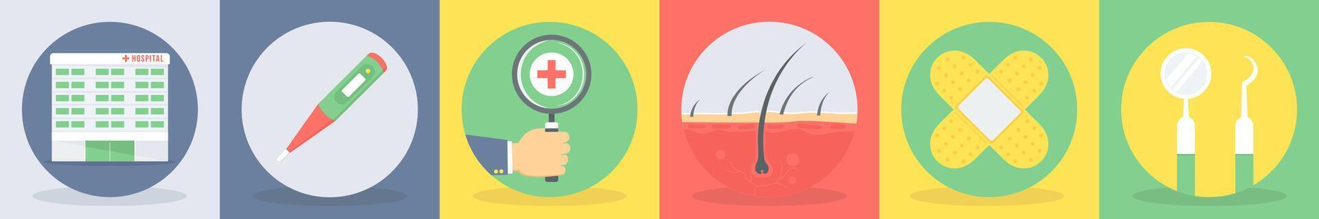 5 round medical icons as hospital, digital thermometer vector