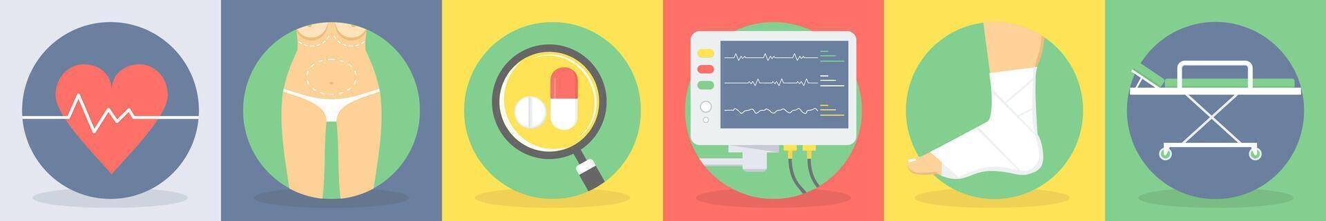 Six medical icons as heart beat, cosmetic surgery, search medicine vector