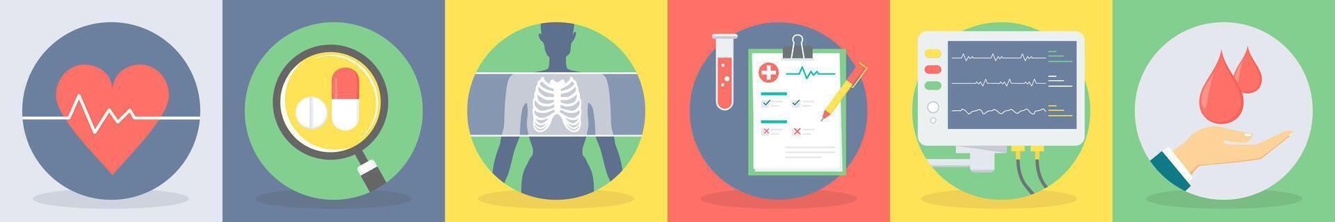 Six medical icons as heart beat, search medicine, xray vector