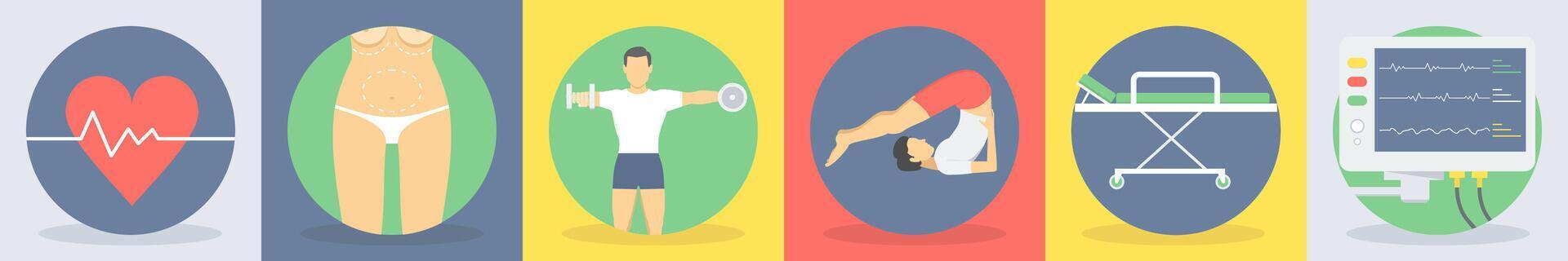Six medical icons as heart beat, cosmetic surgery, exercise vector