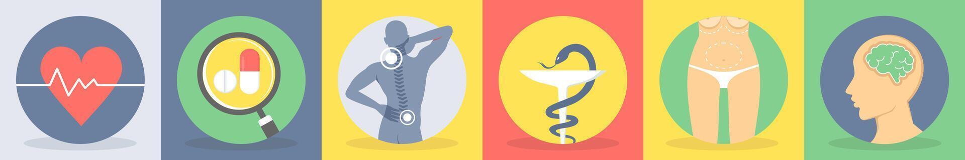 Six medical icons as heart beat, search medicine, cervical vector