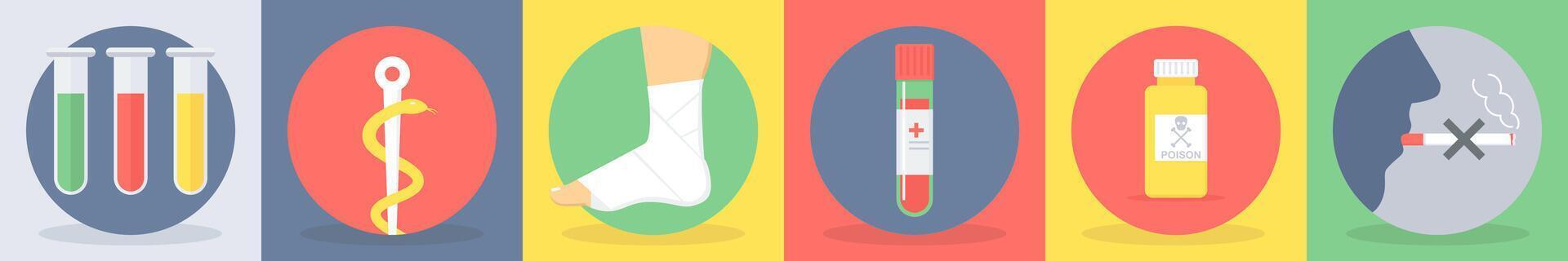 5 round medical icons as test tubes, asclepius vector