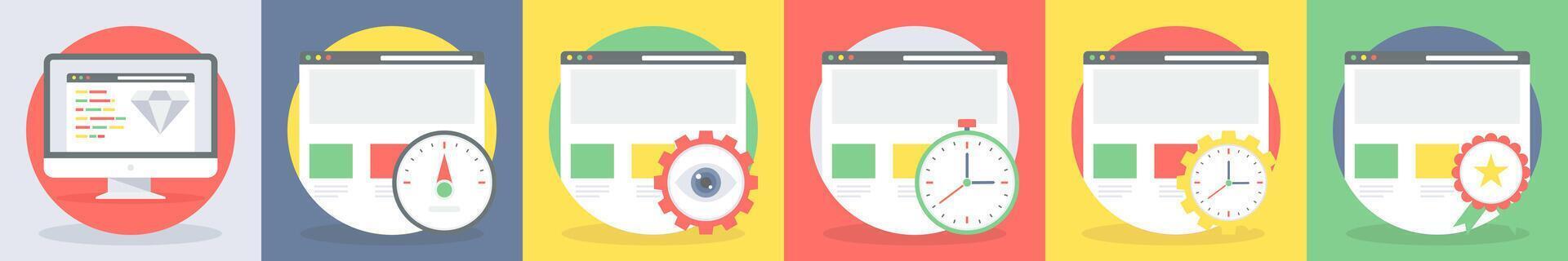 5 round seo icons as clean code, web navigation vector