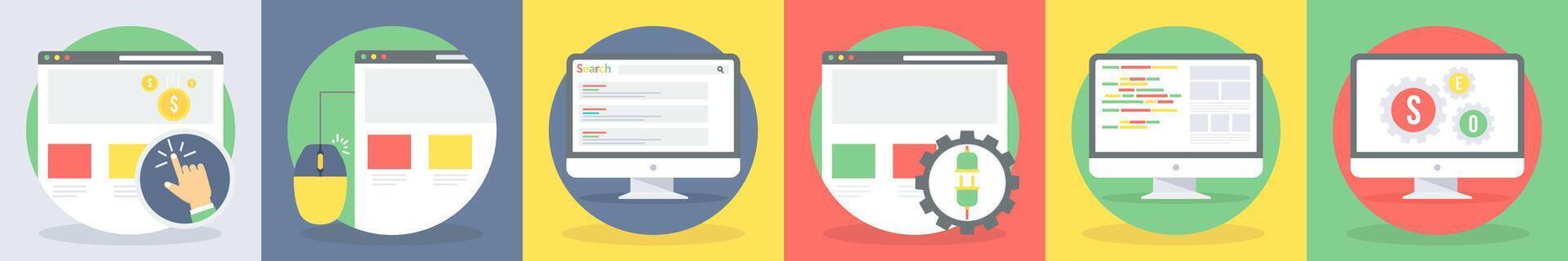 5 round seo icons as pay per click, page click vector