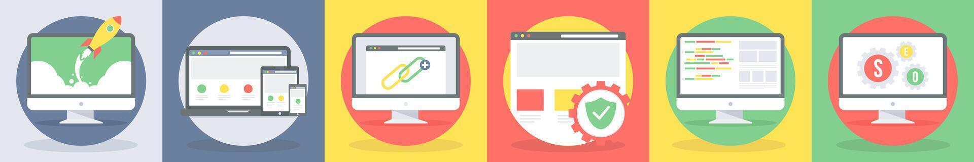 5 round seo icons as website launch, responsive web vector