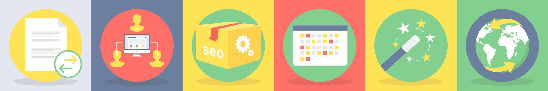 5 5 redondo seo íconos como compartir documento, computadora red vector