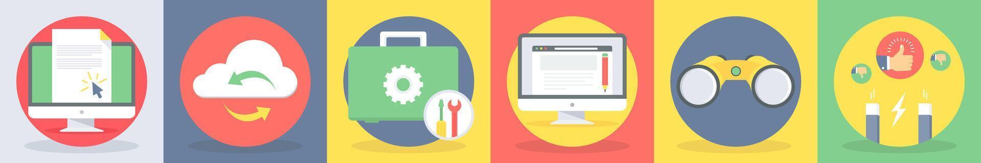 Six seo icons as e-document, cloud synchronization vector