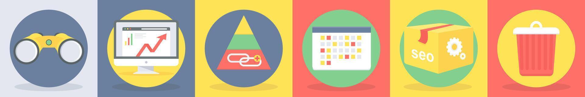 5 round seo icons as binoculars, web analysis vector