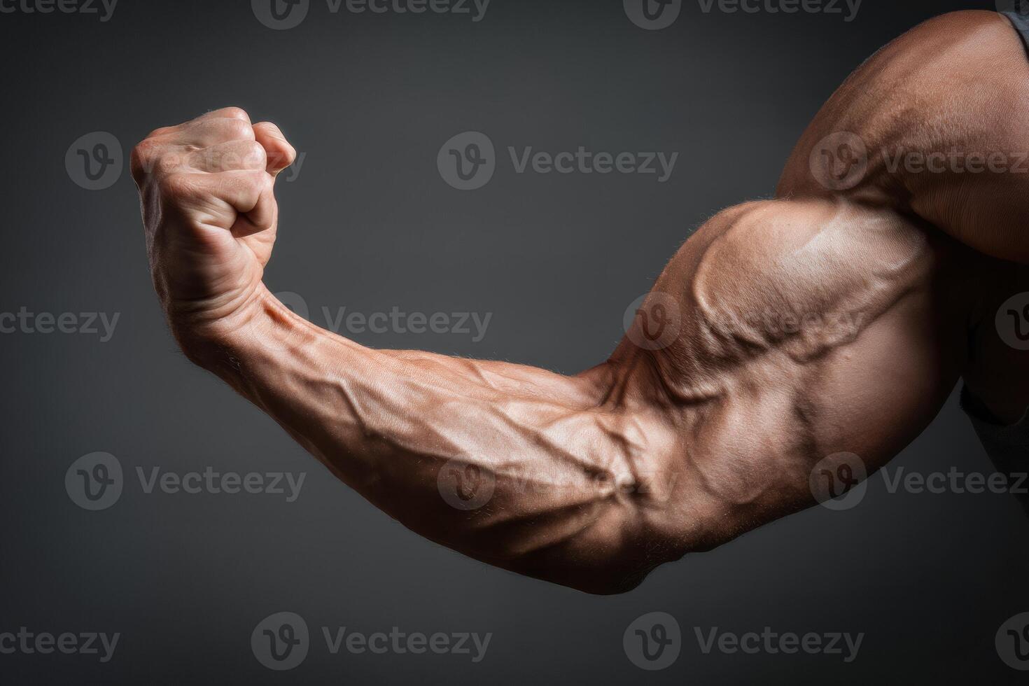 Muscular arm of a bodybuilder on a dark background photo