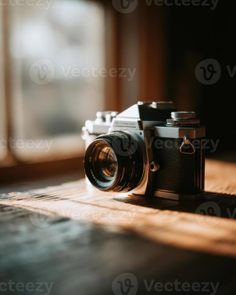 An old camera sitting on a wooden table photo