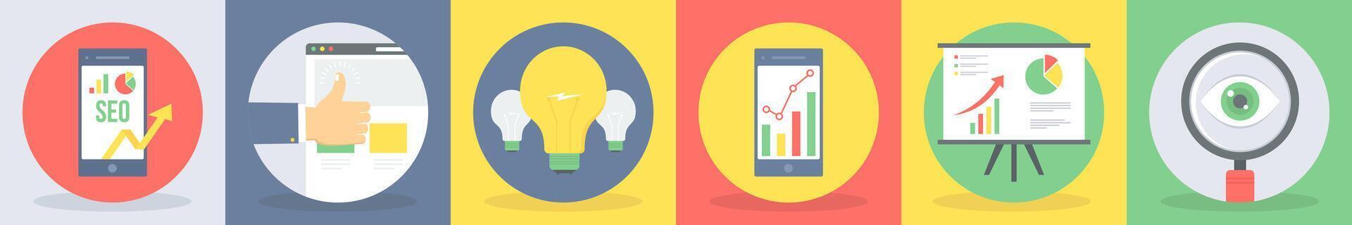 5 round seo and development icons such as seo marketing, best page vector