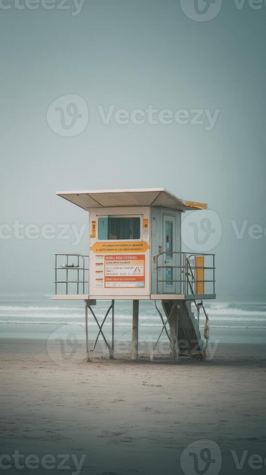 A lifeguard tower on the beach with fog in the background photo