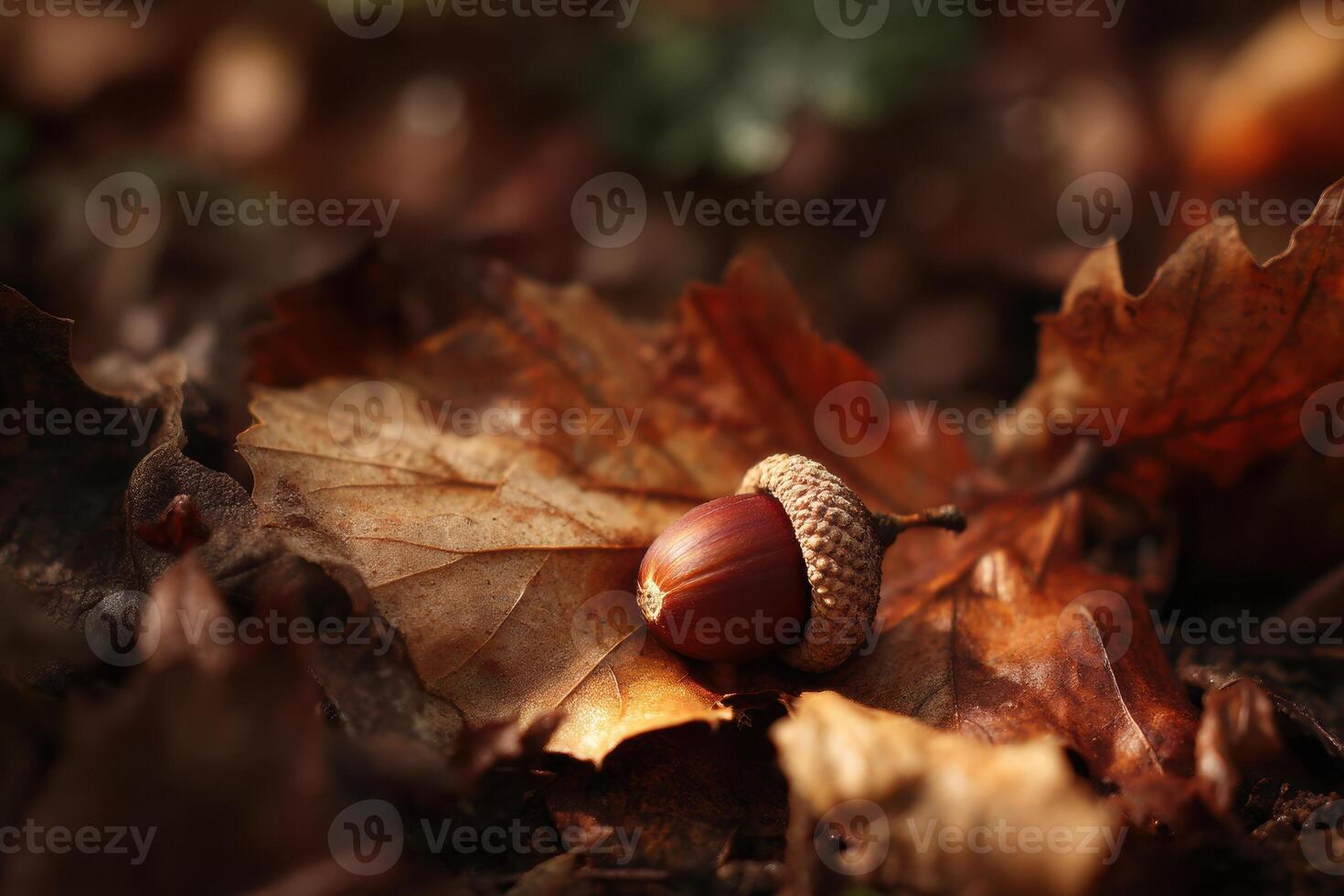 An acorn sitting on the ground in the autumn photo