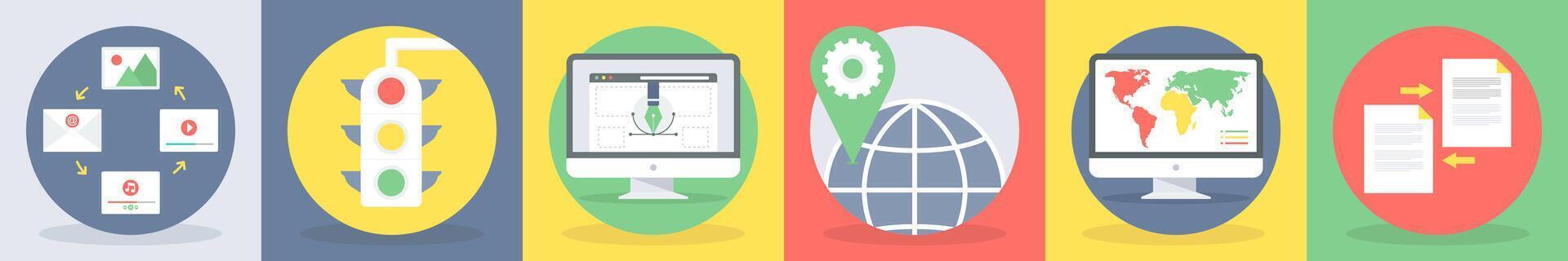 5 round seo and development icons such as content, traffic, web design vector