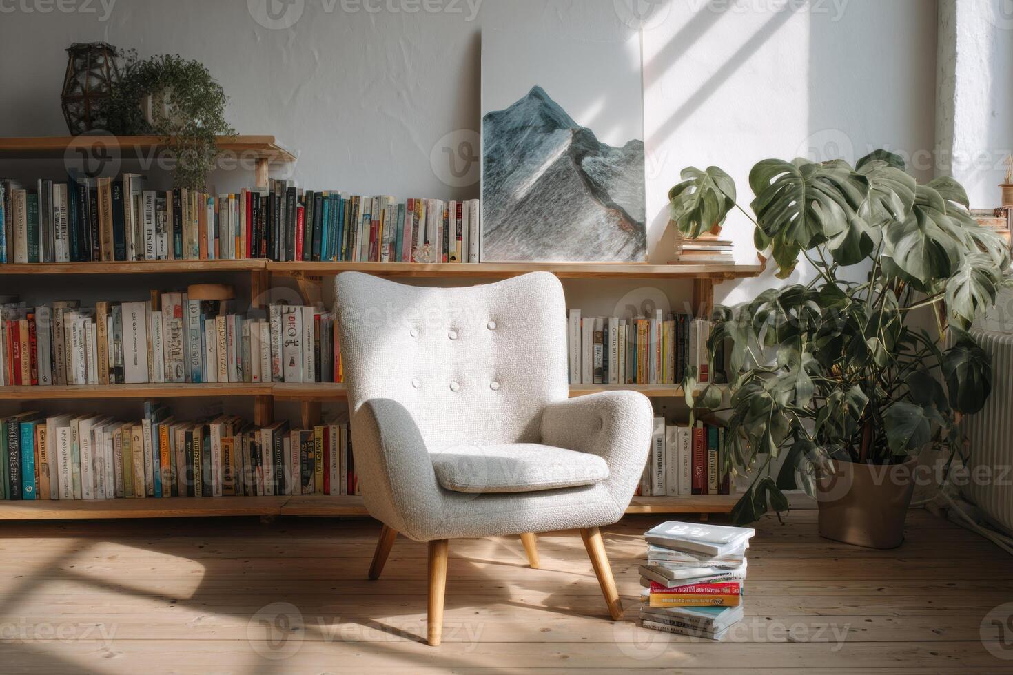 A chair in front of a bookshelf with a plant on it photo