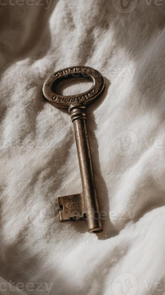 A key is sitting on a bed photo