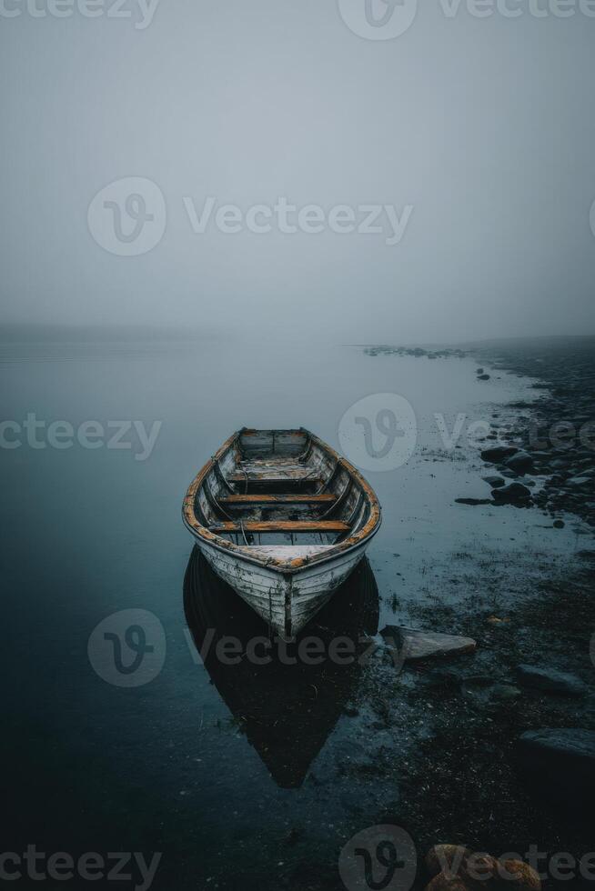 A boat sits on the shore of a foggy lake photo
