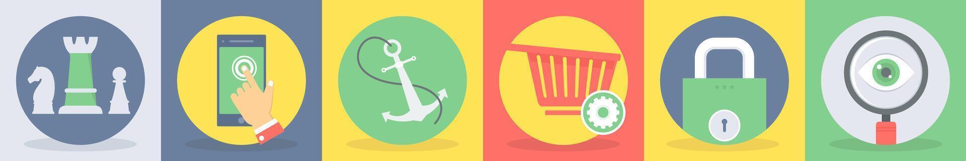 Six seo icons as strategy, mobile, anchor vector