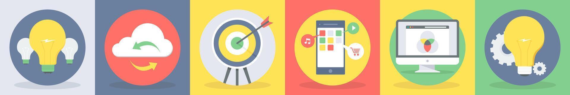 5 round seo and development icons such as idea, innovation, cloud synchronization vector