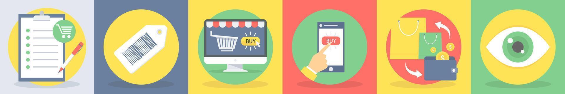 5 round shopping icons such as item list, bar code, online shopping vector