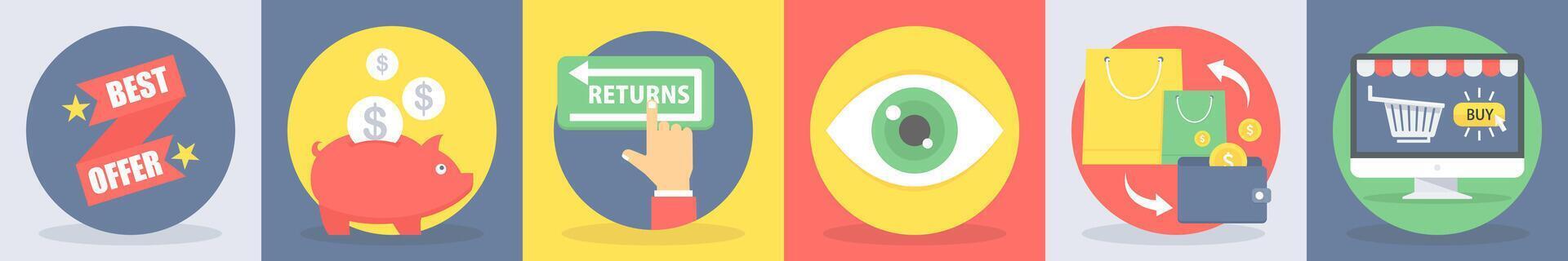 5 round shopping icons such as best offer, money savings vector