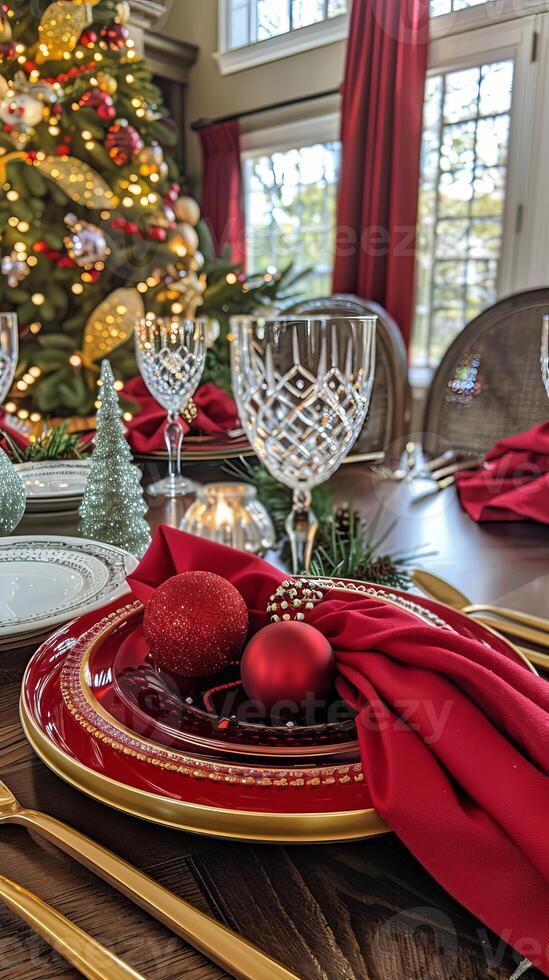 Elegant christmas dining table setting with red accents and festive decor photo