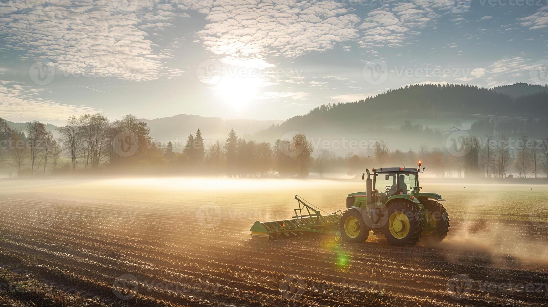 Tranquil sunrise over misty farmland with tractor plowing the field photo