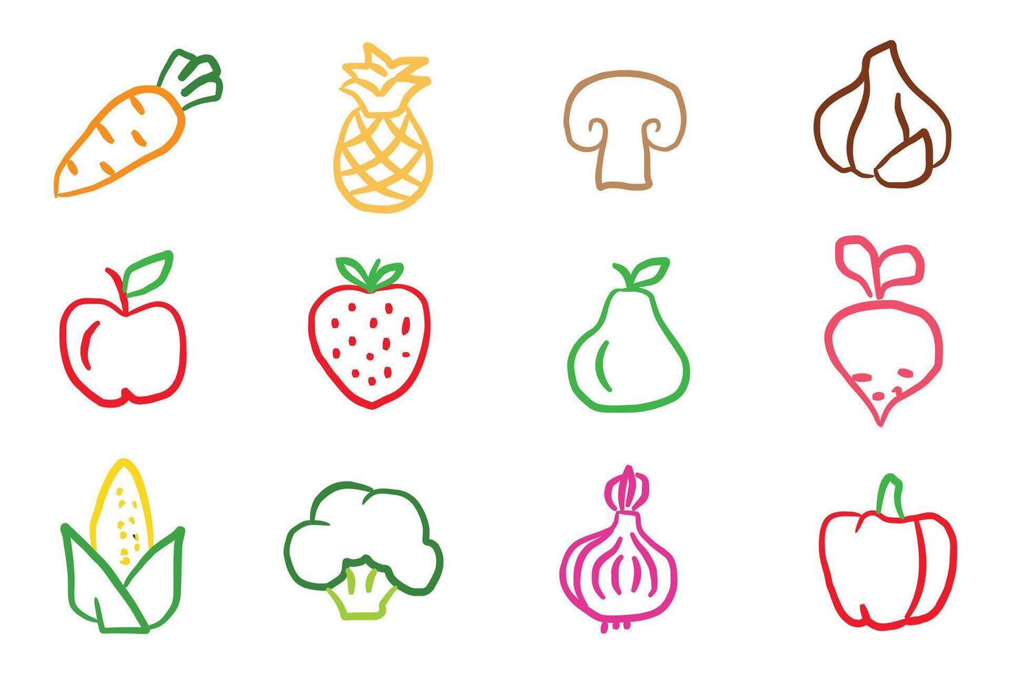 Colorful food icons, including fruits and vegetables. vector