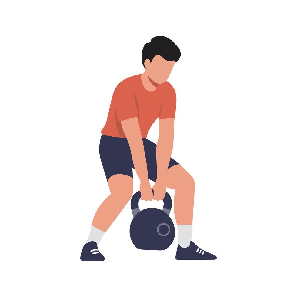 illustration flat A person in an orange shirt lifts a kettlebell. vector