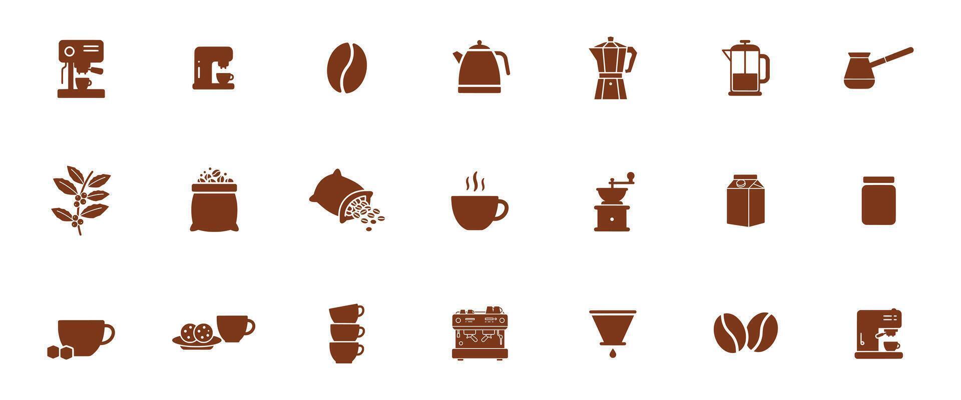Brown coffee-related icons, including coffee beans, cups, and brewing equipment. vector