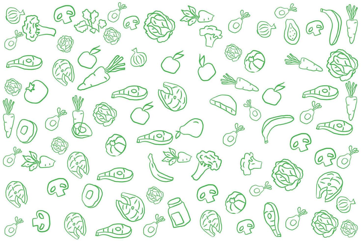 Green outlines of fruits, vegetables, and food items scattered on a white background. vector