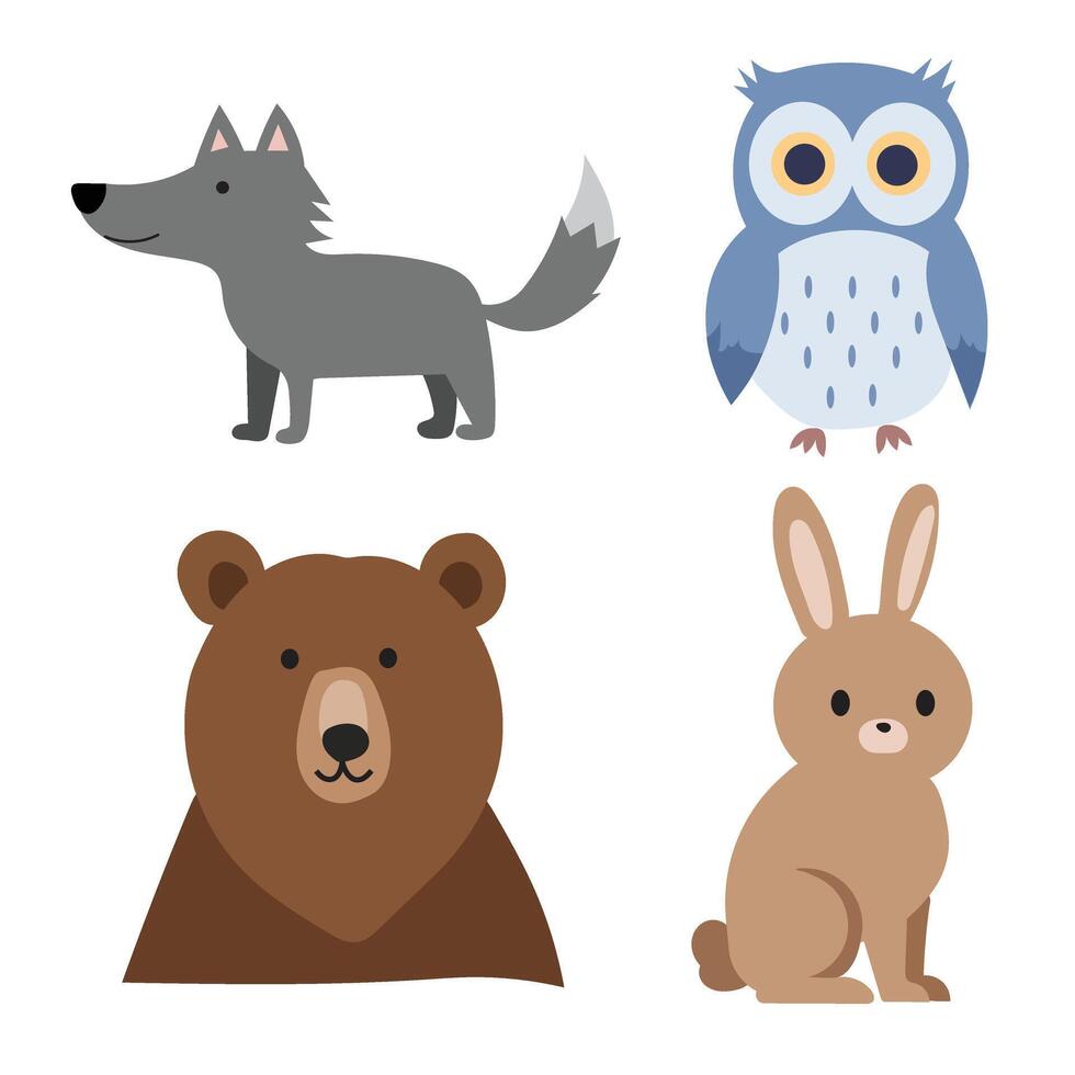 Cartoon style animals wolf, owl, bear, and rabbit. vector