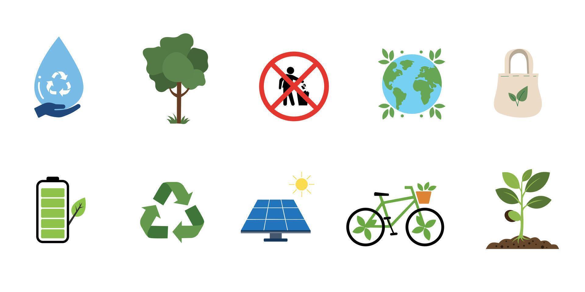 illustration set Environment conservation symbols including water drop, tree, earth and bag. vector
