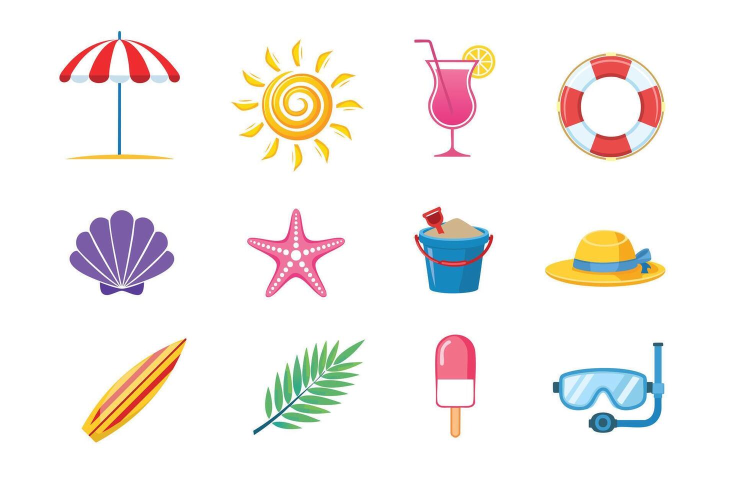 Colorful summer-themed icons, including beach items and tropical elements. vector