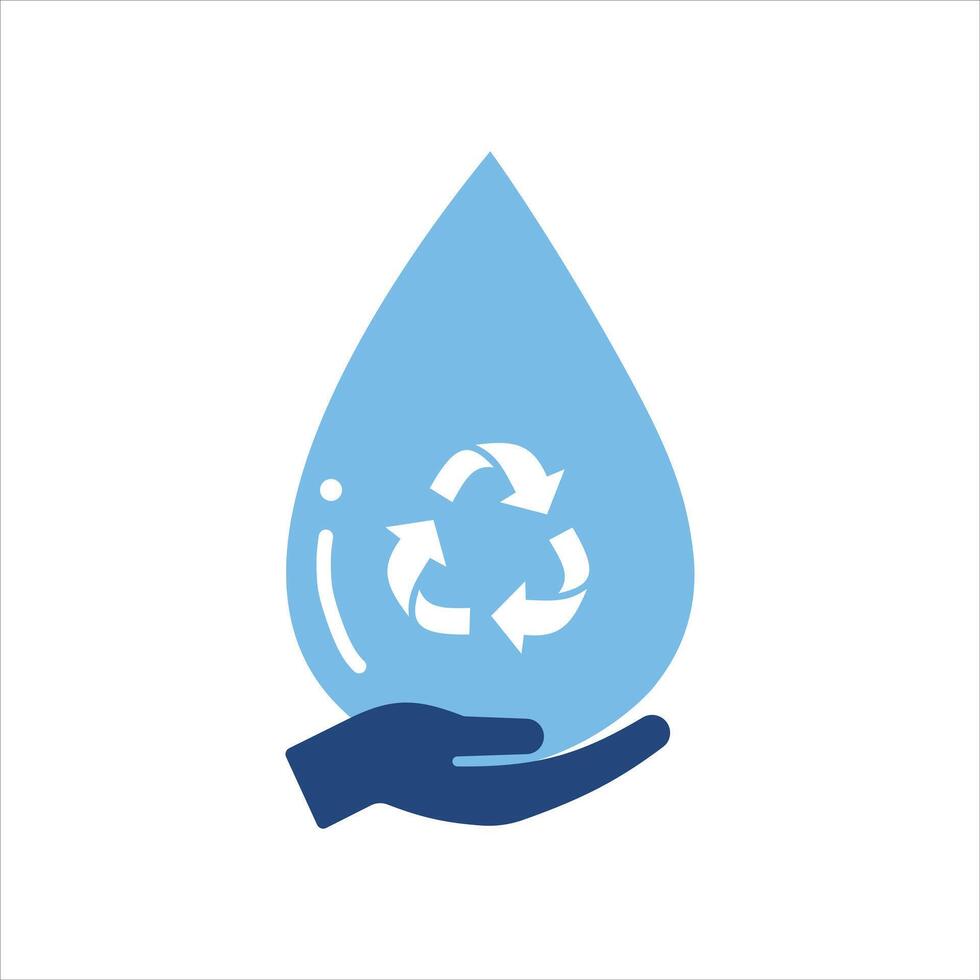 Blue water droplet with a recycling symbol inside, held by a hand, emphasizing water conservation and sustainability. vector