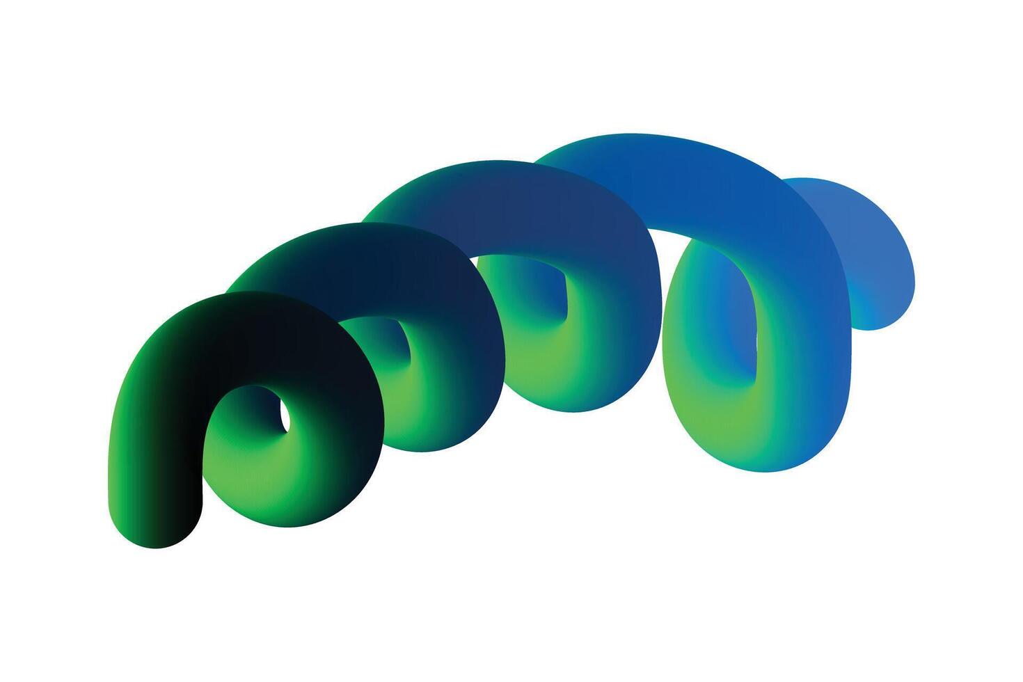 An abstract 3D rendering of a spiraling, tubular shape with a gradient color transition from green to blue, set against a stark wh vector