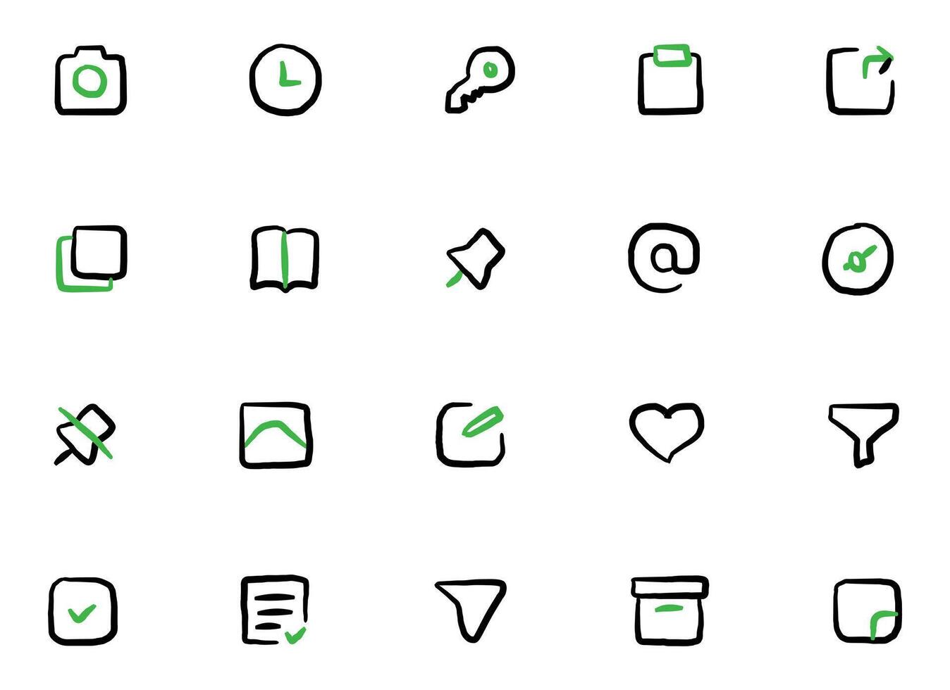 Set of icons with checkmarks, crosses, and arrows in green and black on a white background. vector