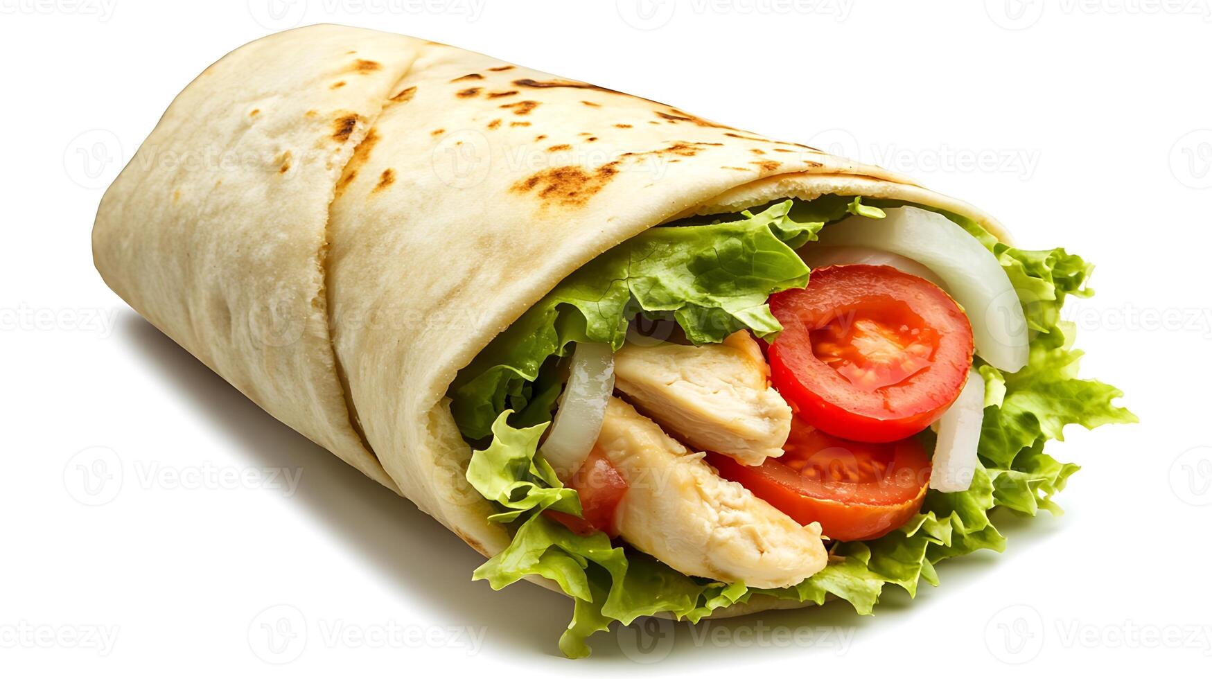 A wrap with chicken, lettuce and tomatoes, image of food photo